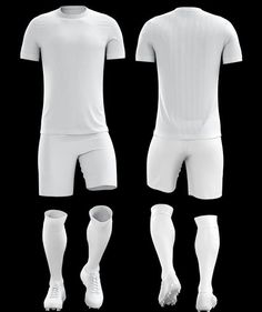 white soccer uniforms and socks on a black background with clippings to the side