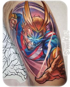 a man with a tattoo on his arm that has an image of the character gohan