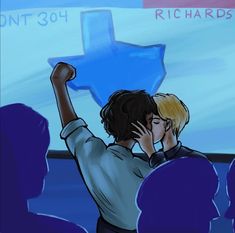 a drawing of two people kissing each other in front of a large screen with the words richards on it