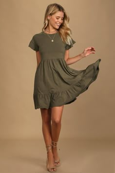 Olive Babydoll Dress - Tiered Babydoll Dress - Green Mini Dress - Lulus Cute Dresses Casual Modest Short, Olive Green Sundress, Juniors Dresses Casual, Babydoll Dresses For Women, Western Casual Dresses, Olive Green Dress Outfit Summer, Teacher Dresses Elementary, Sage Green Dress Casual, Teen Dresses Casual