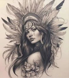 a drawing of a woman with feathers on her head and flowers in her hair,