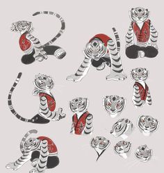 tiger stickers are shown in various positions and sizes, including one with the number two on it's chest