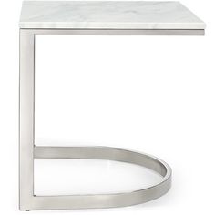 a white marble top side table with stainless steel frame and curved base, on a white background