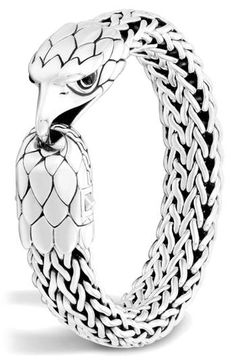 A totemic symbol of freedom and power, a fierce-eye eagle tethers this woven chain bracelet handcrafted by the time-honored techniques of Balinese artisans. Push clasp closure Sterling silver/chalcedony Imported Black Chalcedony, Station Bracelet, Black Gold Jewelry, Silver Eagle, Mens Bracelet Silver, Head Chain, Gold Chains For Men, Silver Dragon, Eagle Head