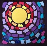 an art project made out of colored paper with a yellow circle in the center and blue squares around it