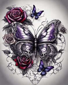 a butterfly and roses tattoo design on a white background with butterflies flying around it,