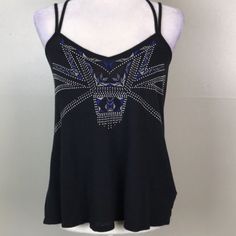 Express Embroidered Flowy Camisole Tank Black And Blue. Silver Studs V-Neck Xs Nwt Trendy Embroidered V-neck Tops, Embellished Cami Tank Top For Summer, Casual Embellished Tank Top For Spring, Embellished Fitted Casual Tank Top, Trendy Cami Top For Festival, Summer Embellished Black Tops, Summer Black Embellished Tops, Black Embroidered Tops For Night Out, Black Embellished Tops For Festival