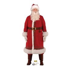 a man dressed as santa claus standing in front of a white background