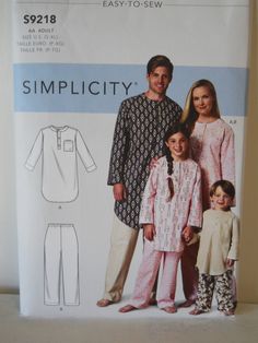 an adult and two children's pajama pants, top and pants sewing pattern