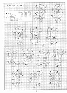 the cross stitch alphabet with numbers and symbols for each letter, including two letters that have been