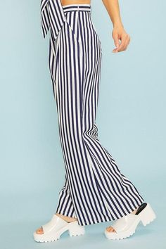 Vertical Stripe Wide Leg Pants Brand: MAIN STRIP Style: CP80573 Fabric: 100% polyester Details: Side zipper Stripe Wide Pants Vegas Style, Striped Wide Leg Pants, Wide Pants, Navy White, Side Zipper, Leg Pants, Navy And White, Wide Leg Pants, Wide Leg