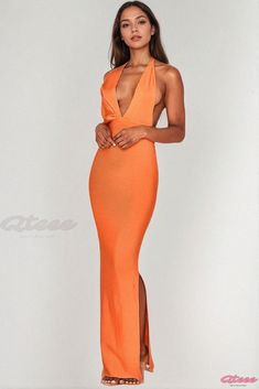 Elegant Backless Formal Evening Gown Orange Maxi Length Gown For Party, Orange Maxi Length Party Gown, Orange Backless Evening Dress, Orange Halter Neck Maxi Dress For Party, Fitted Orange Maxi Dress For Evening, Orange Maxi Dress For Gala, Orange Floor-length Maxi Dress For Party, Orange Maxi Dress For A Night Out, Orange Maxi Dress For Night Out