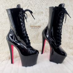 Shipping Included In The Price And Price Is Firm. Towering 8"Heel With A 4" Platform Rise Two Tone Lace-Up Ankle Boot Black Light Sensitive Contrast Color Inner Side Of Heel & Underside Of The Platform Bottom Inside Zip Closure New In Original Pleaser Box Black High Ankle Boots With Red Sole, Black Lace-up Boots With Red Sole, Chain Storage, Pleaser Heels, Pink Platform, Open Toe Boots, Pink Platforms, Pleaser Shoes, Black Platform Heels