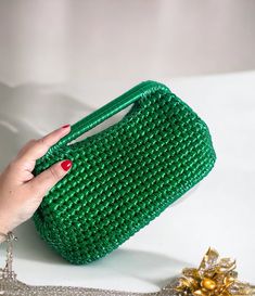 Emerald Green Metallic Pouch Raffia Leather Clutch Hand Bag - Etsy Green Handheld Evening Bag With Removable Pouch, Elegant Rectangular Crochet Evening Bag, Elegant Crochet Rectangular Evening Bag, Formal Rectangular Crochet Bag, Elegant Crochet Bag With Braided Handles For Evening, Party Bags With Braided Handles And Rectangular Shape, Rectangular Party Bags With Braided Handles, Evening Crochet Pouch Bag With Braided Handles, Elegant Evening Crochet Bag With Braided Handles