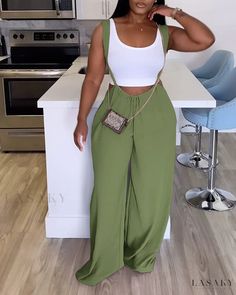 Lasaky - Chic Drawstring Wide-Leg Jumpsuit with Suspender Detail Barbados Outfits, Spaghetti Strap Jumpsuit, Jumpsuit Casual, Jumpsuit For Women, Jumpsuit Elegant, Green Jumpsuit, Vacation Outfit, Plus Size Jumpsuit, Long Sleeve Jumpsuit