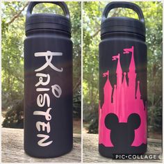 two water bottles with the names disney and mickey mouse on them, both painted pink and black