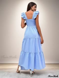 Olivia Mark - Sleeveless Cake-inspired Maxi Dress Light Blue Sleeveless Maxi Dress For Brunch, Spring Blue Sleeveless Dress With Ruffle Hem, Fitted Tiered Sleeveless Dress For Vacation, Light Blue Ruffled Maxi Dress For Summer, Blue Tiered Sleeveless Dress For Spring, Light Blue Sleeveless Dress With Ruffles For Beach, Blue Sleeveless Dress With Ruffle Hem For Summer, Blue Sleeveless Dress With Ruffles For Spring, Ruffled Sleeveless Maxi Dress For Brunch