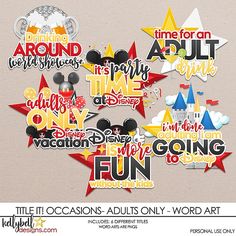 the disney world word art is shown in red, white and blue with mickey mouse ears