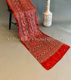 Ajrakh Silk Stole Bohemian Bandhani Print Dupatta For Rituals, Festive Red Dupatta With Batik Print, Traditional Red Batik Print Dupatta, Red Tussar Silk Dupatta With Kalamkari Print, Red Bohemian Batik Print Dupatta, Red Silk Scarf For Festive Occasions, Silk Stoles, Pastel Shades, Fancy Sarees