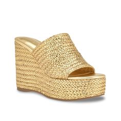 Guess-Yenisa Wedge Sandal Step out in stunning style with the Yenisa wedge sandal from Guess. Appealing woven details on the vamp band, platform and wedge heel make this slide sandal a head turner from every angle. A synthetic sole with tread pattern offers stability. Gold Platform Slippers With Round Toe For Spring, Gold Platform Slippers For Spring, Spring Beach Platform Slippers With Heel Loop, Wedge Heels With Removable Insole For Vacation, Vacation Platform Wedge Sandals With Open Heel, Gold Platform Sandals For Vacation, Chic High Heel Platform Slippers For Vacation, Vacation Gold Platform Sandals, Gold Platform Wedge Sandals For Beach