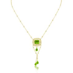 18kt Yellow Gold Diamond Pendant with Emerald Cut Peridot: 8.00cts of emerald cut peridot 1.30cts of round diamonds Diamonds by the yard 3 dangling briolettes attached Luxury Formal Peridot Necklace, Luxury Gold Peridot Necklaces, Green Briolette Diamond Jewelry, Yellow Diamond Necklace, Diamonds By The Yard, White Diamond Necklace, Yellow Diamond Rings, Diamond Jewelry Necklace, Bridal Engagement Rings