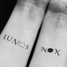 two wrist tattoos with the words nox and lum's n y on them