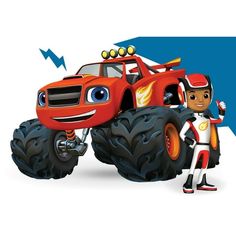 an orange monster truck with two people standing next to it on a blue and white background