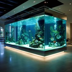 an aquarium in the middle of a large room