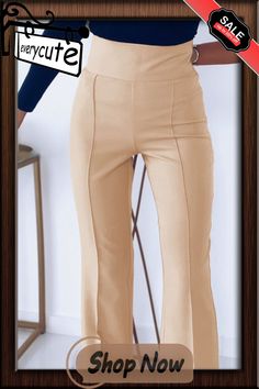 Khaki Solid Color High Waist Flared Leg Pants High-waisted Beige Pants, Beige High-waisted Pants, Fall High Waist Beige Pants, Fall High-waist Beige Pants, High Waist Beige Pants For Fall, Chic Beige Solid Color Bottoms, Non-stretch High-waist Office Bottoms, High-waisted Pants In Solid Color For Fall, High Waist Stretch Work Pants For Spring