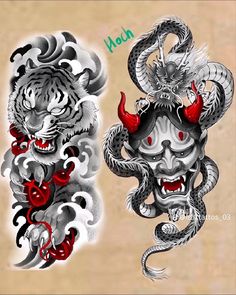 two dragon and tiger tattoo designs on the back of their bodies, one with red eyes