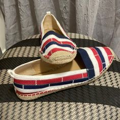 Red/White/Blue Casual Espadrilles, Very Good Bottoms, Never Worn Outside Red Espadrilles With Rubber Sole For Spring, Red Casual Espadrilles With Flat Heel, Casual Red Espadrilles With Flat Heel, Casual Red Flat Heel Espadrilles, Casual Red Closed Toe Espadrilles, Casual Red Flat Espadrilles, Red Flat Espadrilles For The Beach, Red Flat Espadrilles For Beach, Red Closed Toe Espadrilles