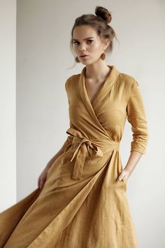 Casual Chique Stijl, Natural Linen Dress, Linen Shawl, Linen Wrap Dress, Dress With Shawl, Long Linen Dress, Long Sleeve Wrap Dress, Maxi Robes, Medium Dress