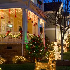 christmas lights decorate the front yard of a house in this suburban neighborhood, with lighted deer statues and trees