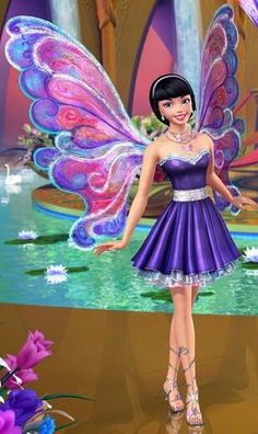 a barbie doll dressed in a purple dress and butterfly wings, standing next to flowers