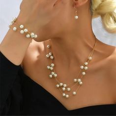 Metal color: color 1, color 2 Color 2, Elegant Jewelry, Party Accessories, Layers Design, Metal Color, Daily Outfits, Multi Layering, Pearl Jewelry, Bracelet Set