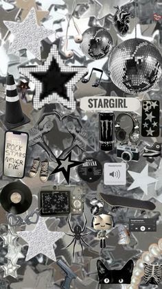 an array of various items are arranged in the shape of a star on a silver background