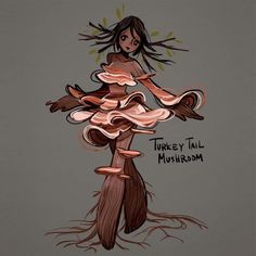 a drawing of a woman in a dress made out of mushrooms