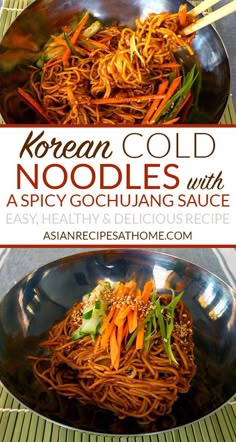 korean cold noodles with spicy gochuling sauce in a wok