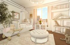 a white room with lots of furniture and decor on the walls, including a baby's crib