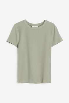 Fitted T-shirt in soft  ribbed cotton and modal jersey with narrow trim at neckline. Straight-cut hem. H&m Summer Relaxed Fit T-shirt, H And M Tops, H&m Ribbed Stretch Tops, H&m Relaxed Fit Cotton T-shirt, H&m Basic Short Sleeve T-shirt, Relaxed Fit Plain Green T-shirt, H And M, H&m Fashion, Resort Shirt