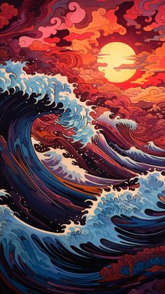 an abstract painting of waves in the ocean at sunset or sunrise with red, orange and blue colors