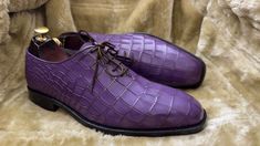 Bespoke Pure Handmade Alligator Textured Purple Color Genuine Leather Lace Up Shoes For Men Product Details: Material: Alligator Textured Genuine Leather Upper: Crafted from genuine leather for a luxurious look and feel. Inner: Lined with soft leather, ensuring comfort throughout the day. Sole: Made of durable leather for long-lasting quality. Heel: Features a leather heel for added elegance. Craftsmanship: Handcrafted: Each pair is meticulously hand-stitched to perfection. Manufacturing Time: P Shoes Customization, Leather Lace Up Shoes, Mens Oxfords, Up Shoes, Leather Lace, Custom Shoes, Shoes For Men, Lace Up Shoes, Leather And Lace