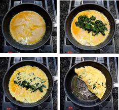 four pictures show how to make omelets with spinach and cheese in skillets