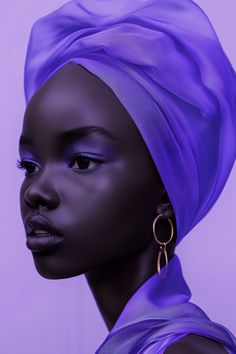 a woman wearing a purple turban and gold hoop earrings, with her head turned to the side