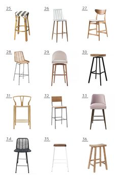 the different types of stools and chairs in various styles, sizes and colors are shown