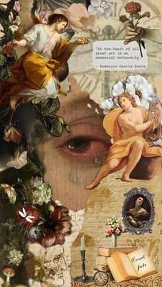 the collage has many different images and words on it, including an image of a woman's face