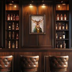 a bar with two brown leather chairs and a painting on the wall above it that has liquor bottles behind it