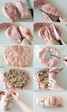 the process for making raw meat is shown in multiple pictures and then being cut into smaller pieces