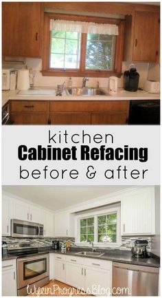 kitchen cabinets before and after with the words kitchen cabinet refaceing before and after