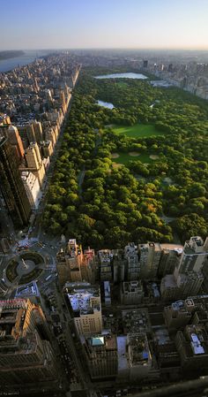 an aerial view of the central park in new york city, with lots of trees and buildings